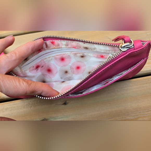 Pink Leather Wristlet w Unique Ring Strap, Front Pocket + Zipper Top - Picture 5 of 12